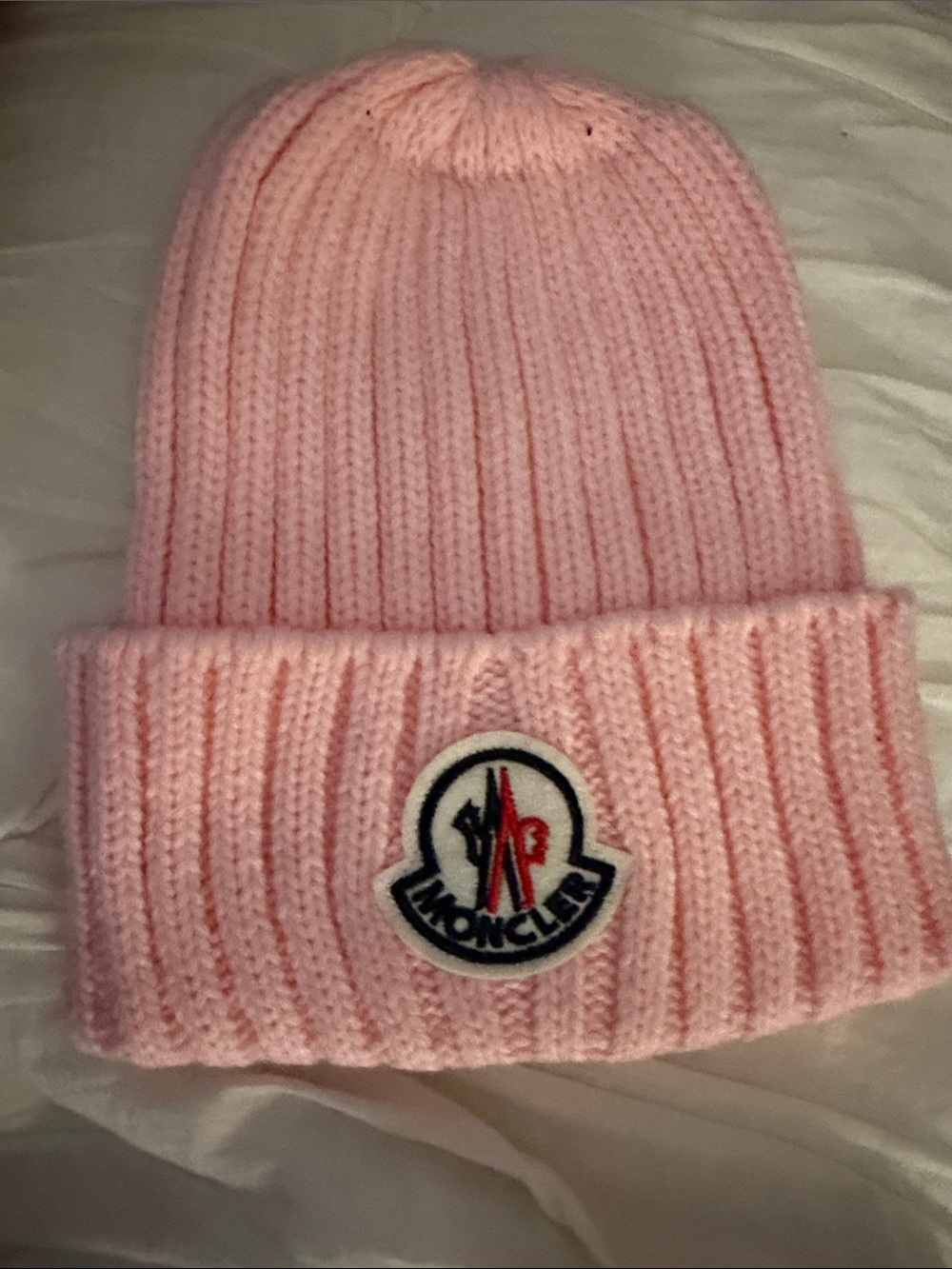 Moncler Kids Light Pink Ribbed Knit Cuffed Beanie
